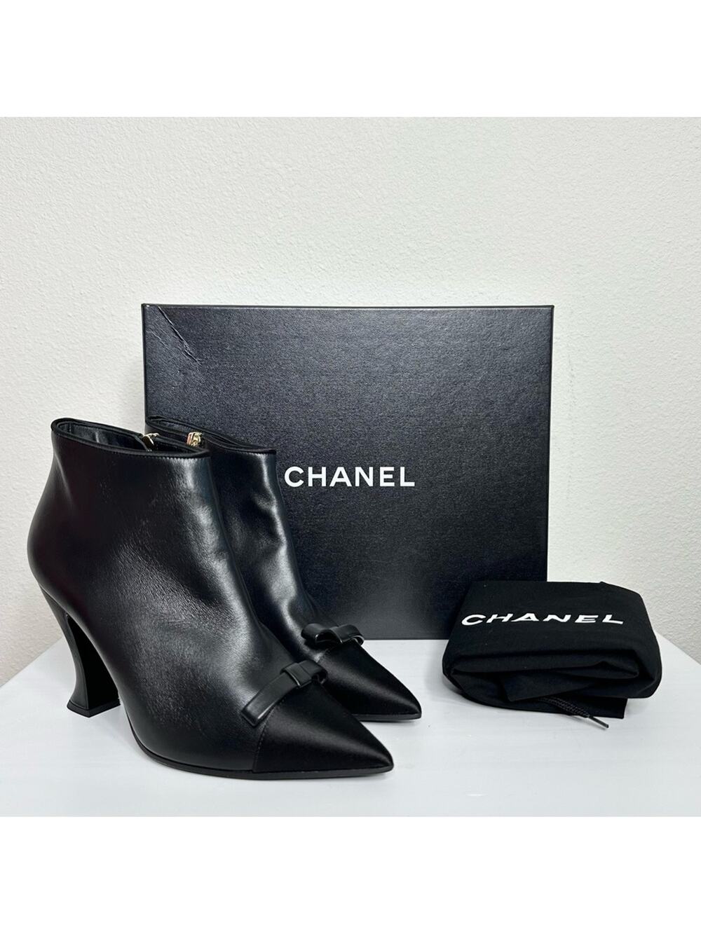 CHANEL Black Ankle Boots Size 37 CC Logo Bow Accent